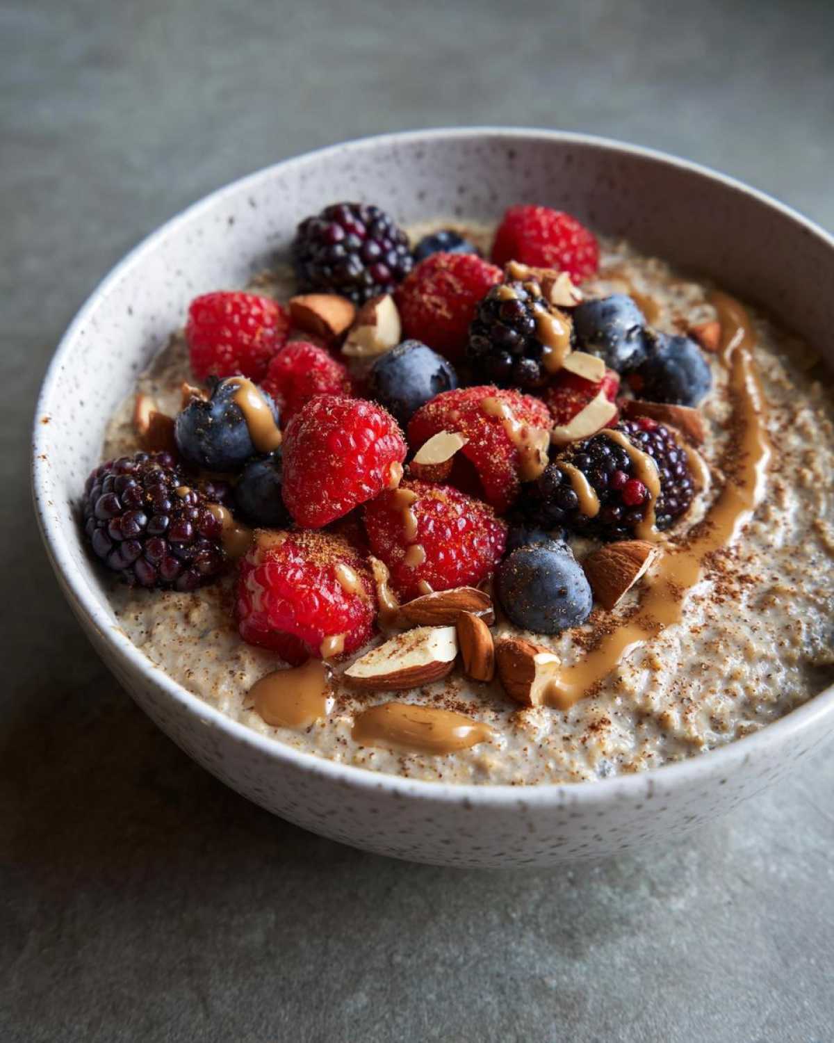 A bowl of protein oatmeal topped with fresh raspberries, blueberries, blackberries, sliced almonds, and a drizzle of nut butter.