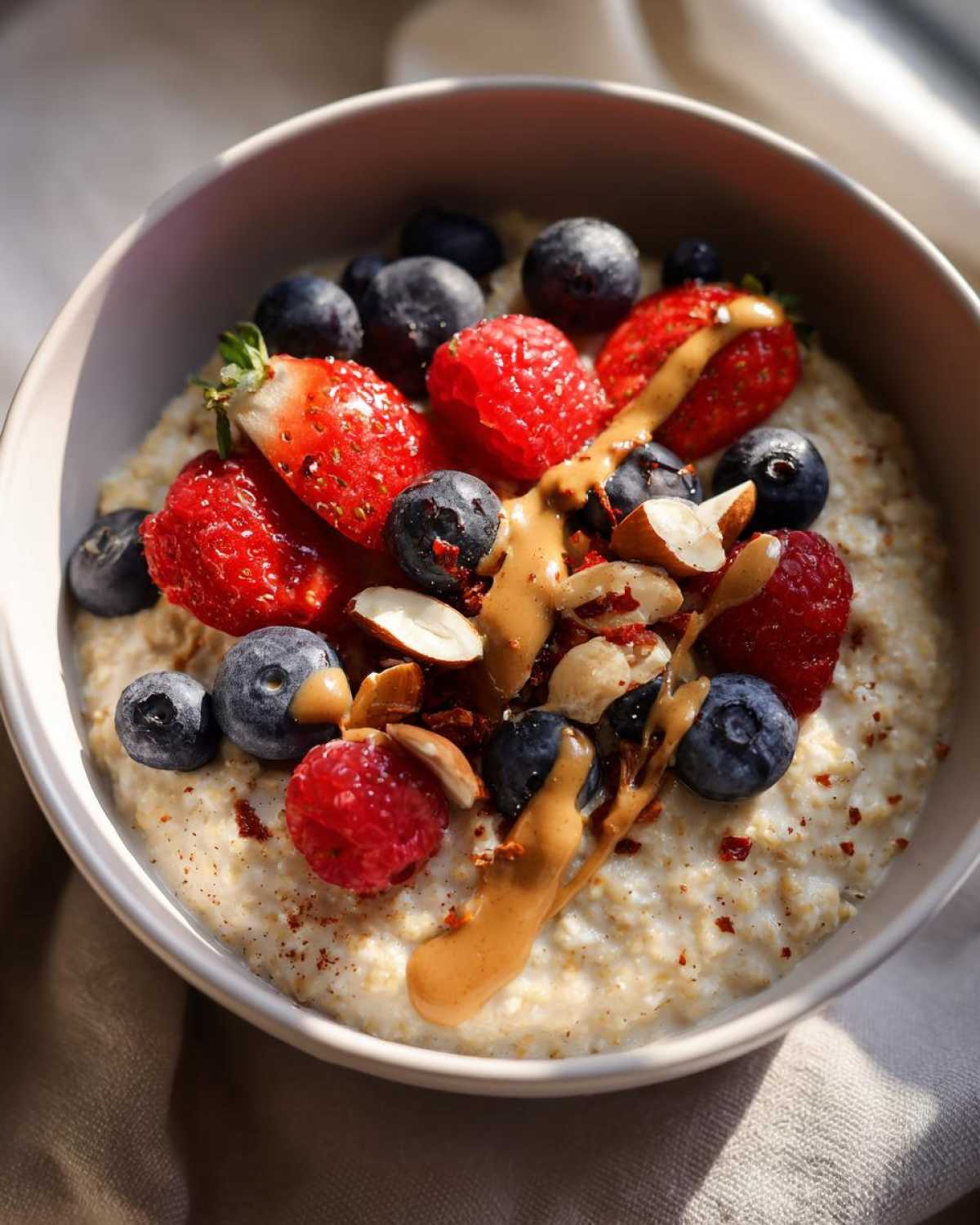 Close-up of a bowl of protein oatmeal topped with fresh strawberries, blueberries, raspberries, nuts, and a drizzle of peanut butter.