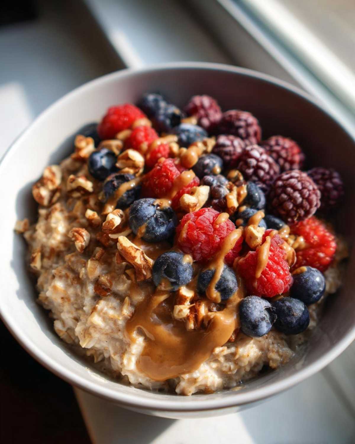 Close-up of a bowl of protein oatmeal topped with fresh blueberries, raspberries, blackberries, chopped pecans, and a drizzle of nut butter.