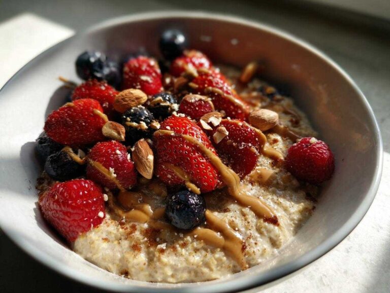 A close-up of a bowl of protein oatmeal topped with fresh strawberries, blueberries, raspberries, almonds, and a drizzle of peanut butter.
