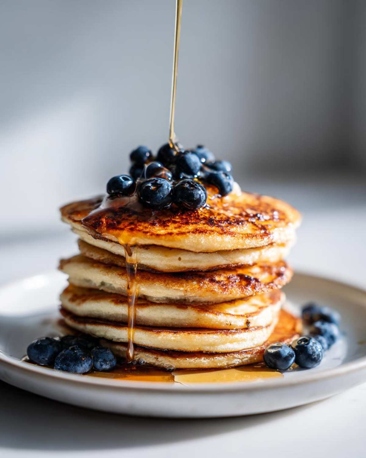 A tall stack of golden-brown protein pancakes topped with fresh blueberries and drizzled with maple syrup.