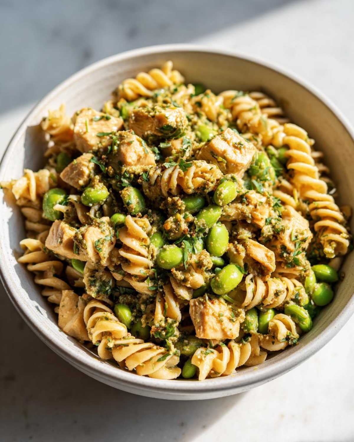 Close-up of a bowl of protein pasta salad featuring rotini pasta, cubed chicken, green edamame, and a pesto-like dressing.