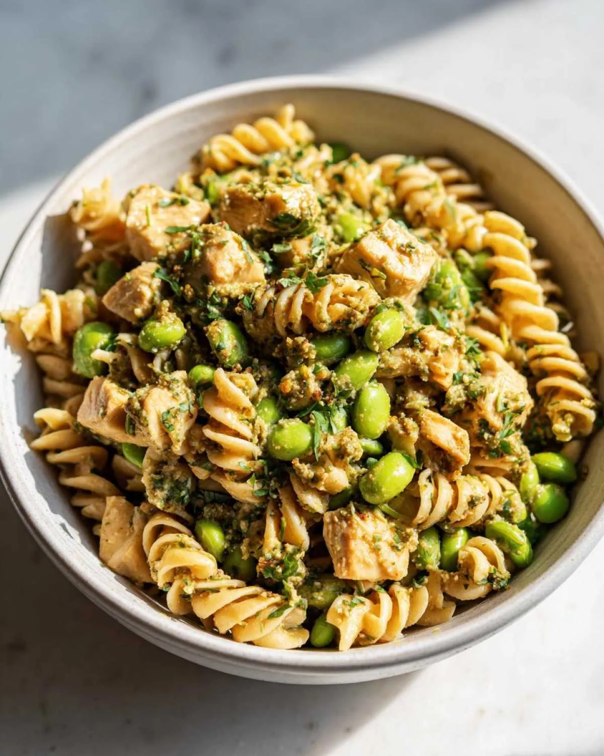 Close-up of a bowl of protein pasta salad featuring rotini pasta, cubed chicken, green edamame, and a pesto-like dressing.