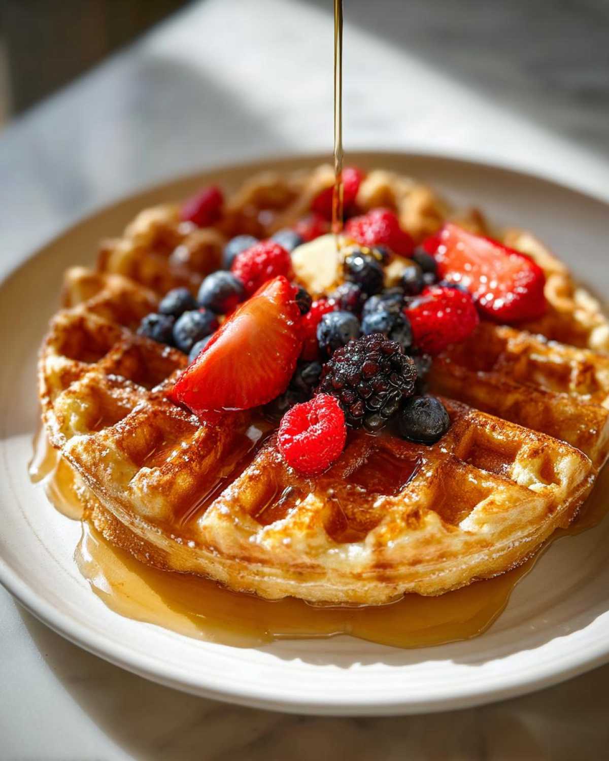 A golden-brown protein waffle topped with fresh mixed berries (strawberries, blueberries, raspberries, blackberries) and a stream of maple syrup being poured over it.