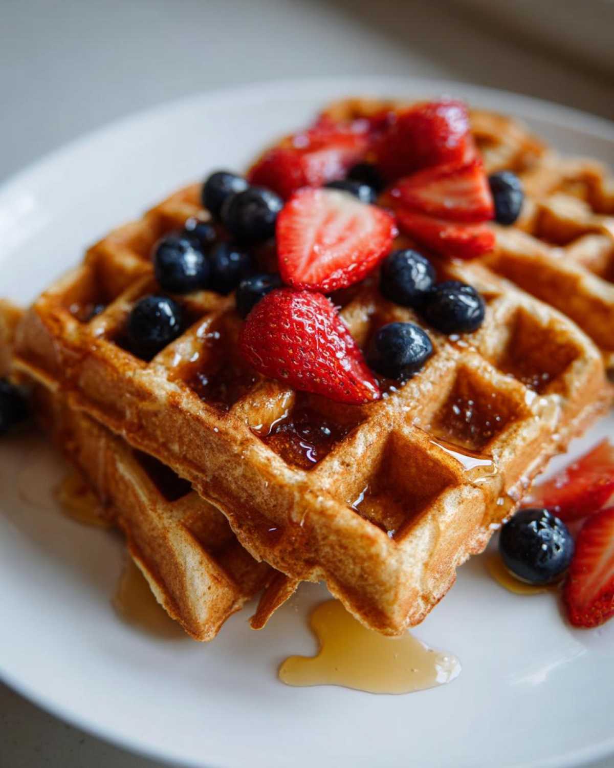 Close-up of golden-brown protein waffles stacked on a white plate, topped with fresh strawberries, blueberries, and maple syrup.