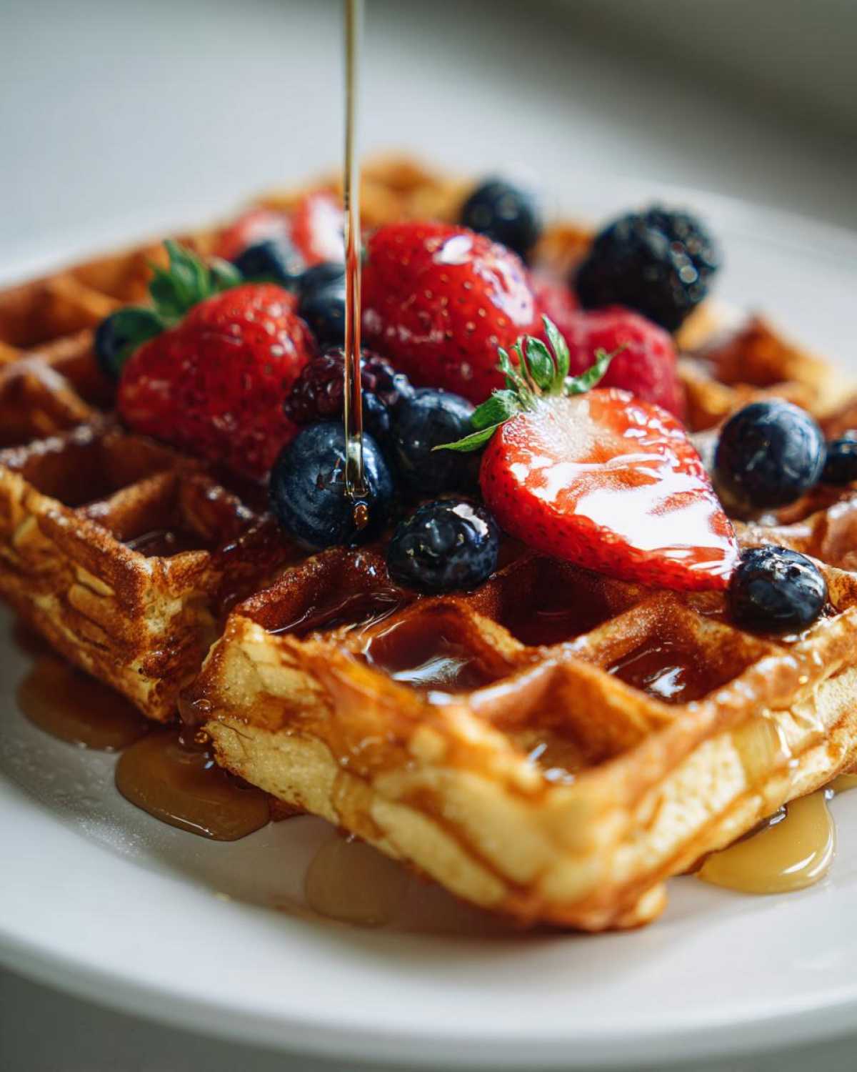 Close-up of golden protein waffles topped with fresh strawberries, blueberries, and blackberries, with maple syrup being poured over them.