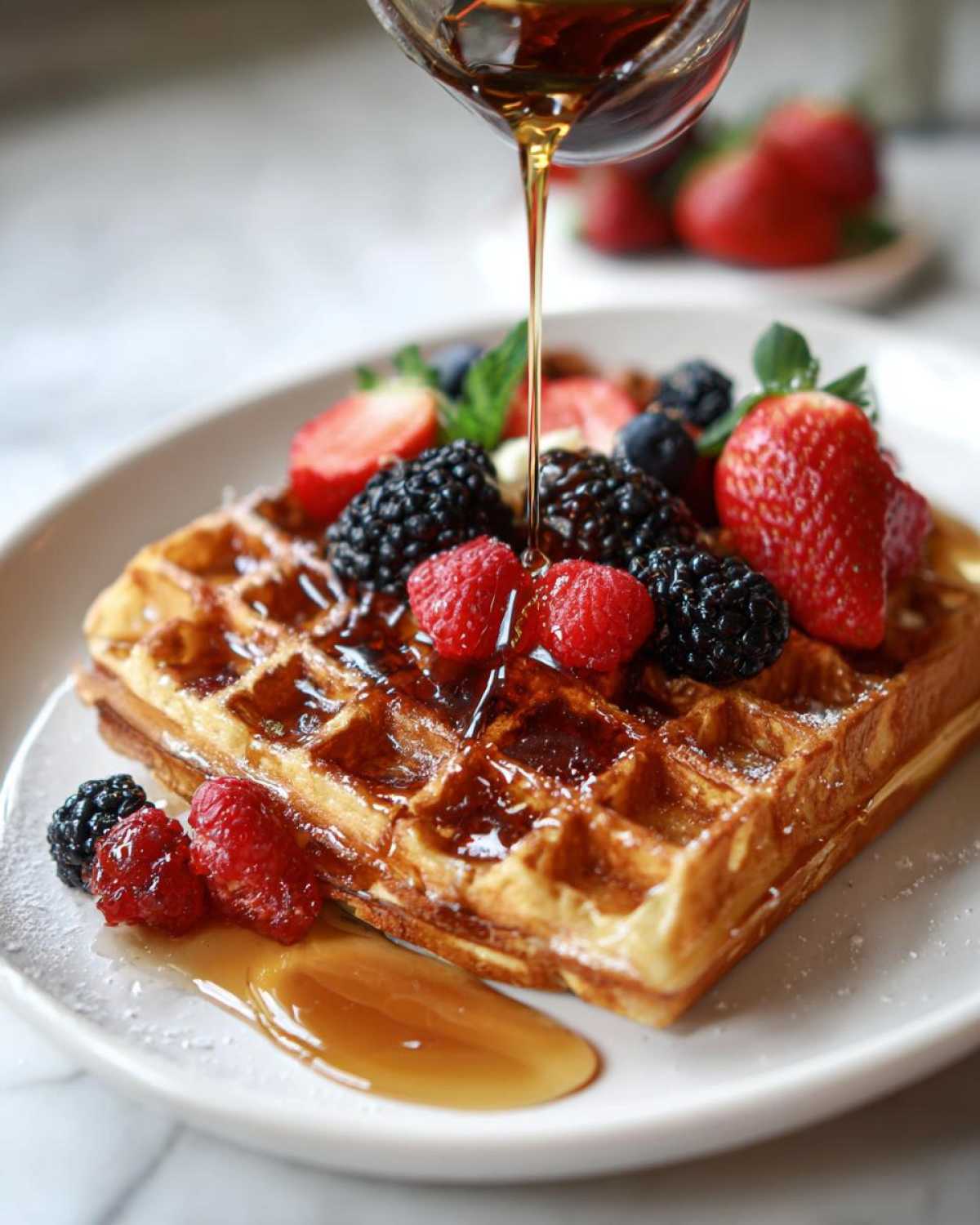 Maple syrup being poured over golden protein waffles topped with fresh mixed berries like strawberries, raspberries, and blackberries.