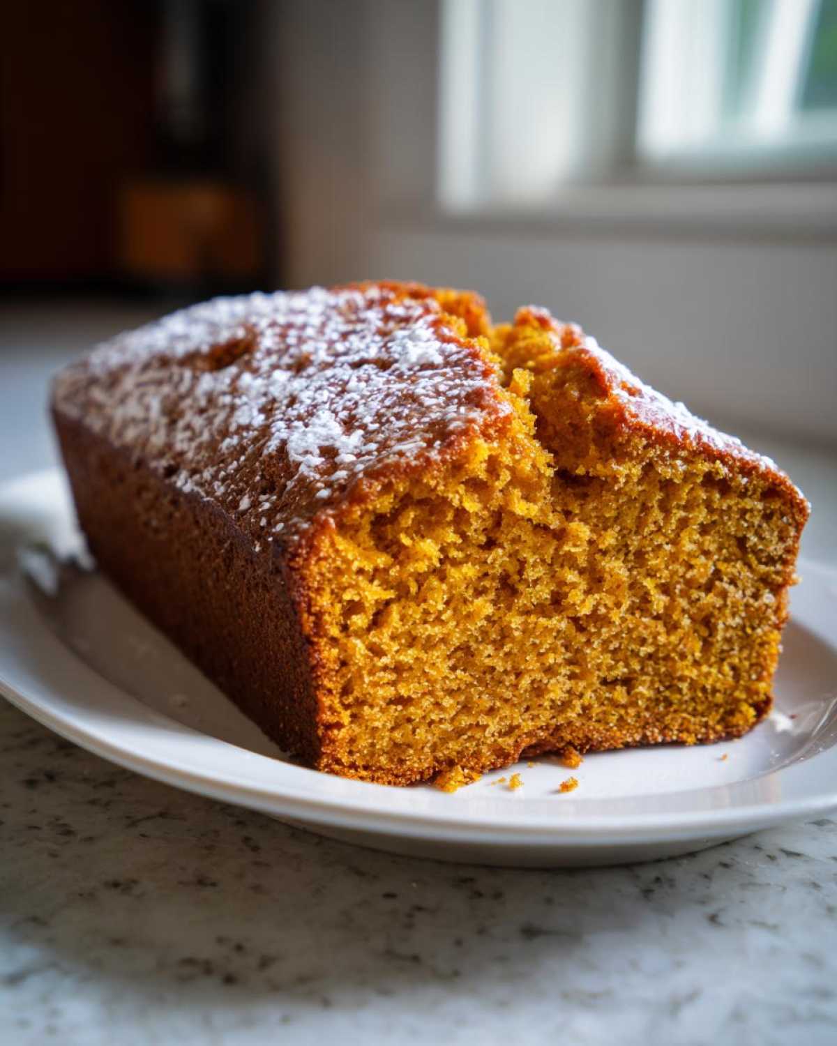 A loaf of moist pumpkin bread on a white plate, dusted with powdered sugar. A piece is broken off.