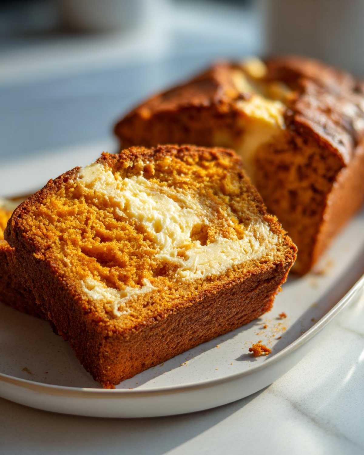 A slice of moist pumpkin bread with cream cheese filling on a white plate, loaf in the background.