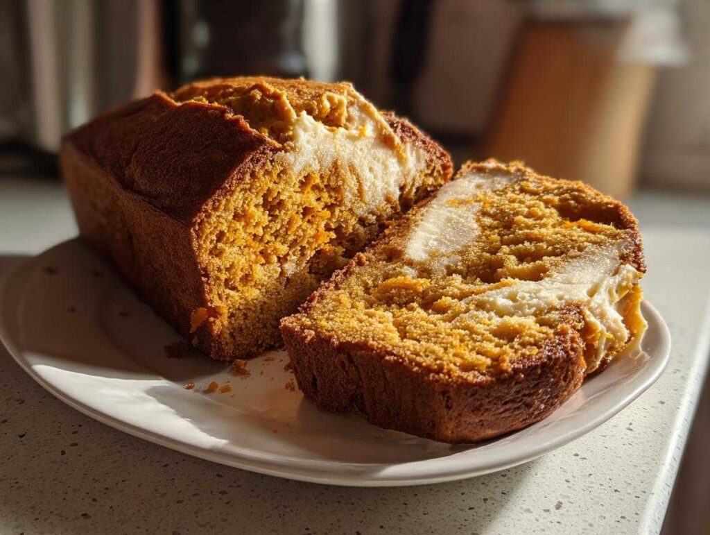A loaf of pumpkin bread with cream cheese filling, sliced on a white plate, showcasing the moist texture.