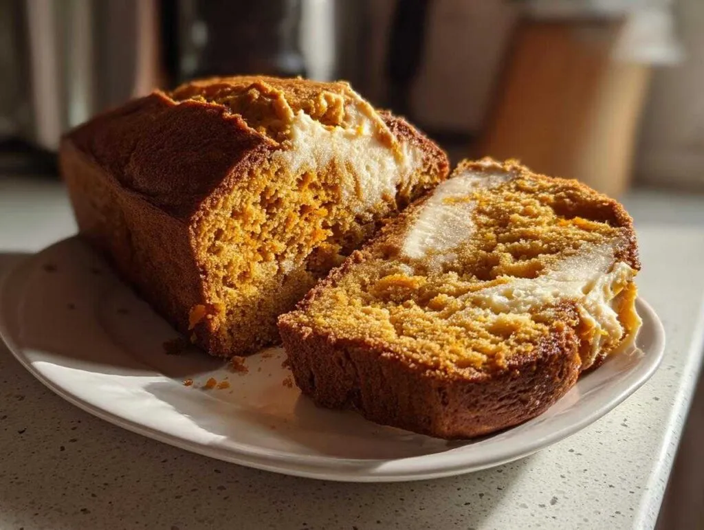 A loaf of pumpkin bread with cream cheese filling, sliced on a white plate, showcasing the moist texture.