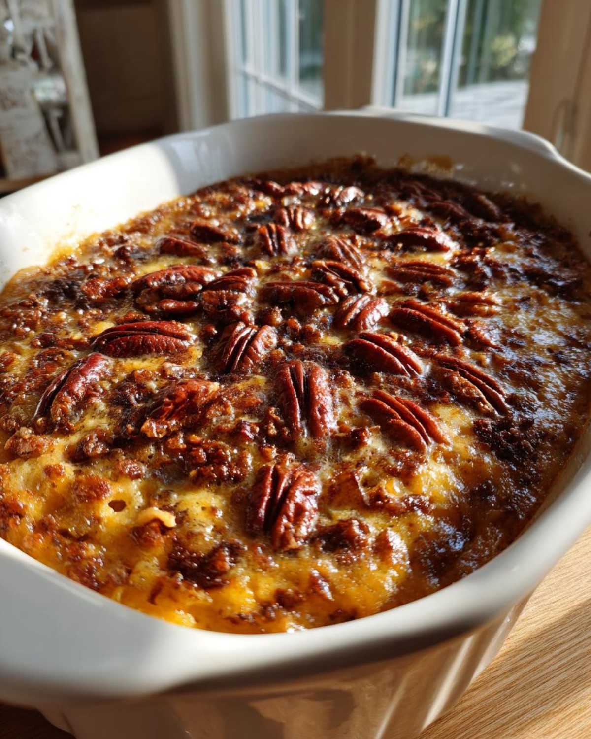 Close-up of a freshly baked pumpkin cobbler in a white dish, topped with pecans.