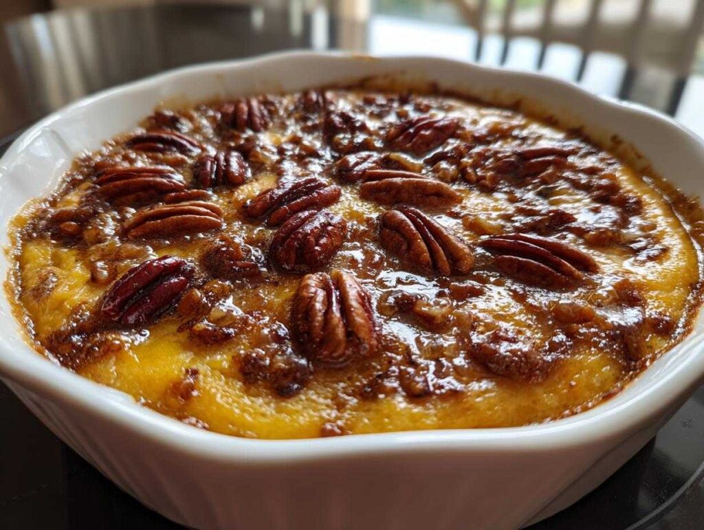 Close-up of a freshly baked pumpkin cobbler in a white dish, topped with pecans and a glossy glaze.
