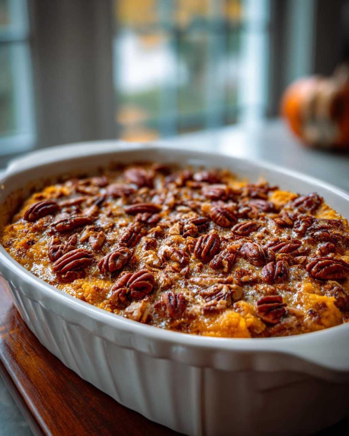Freshly baked pumpkin cobbler in a white dish, topped with pecans. Ready to serve.