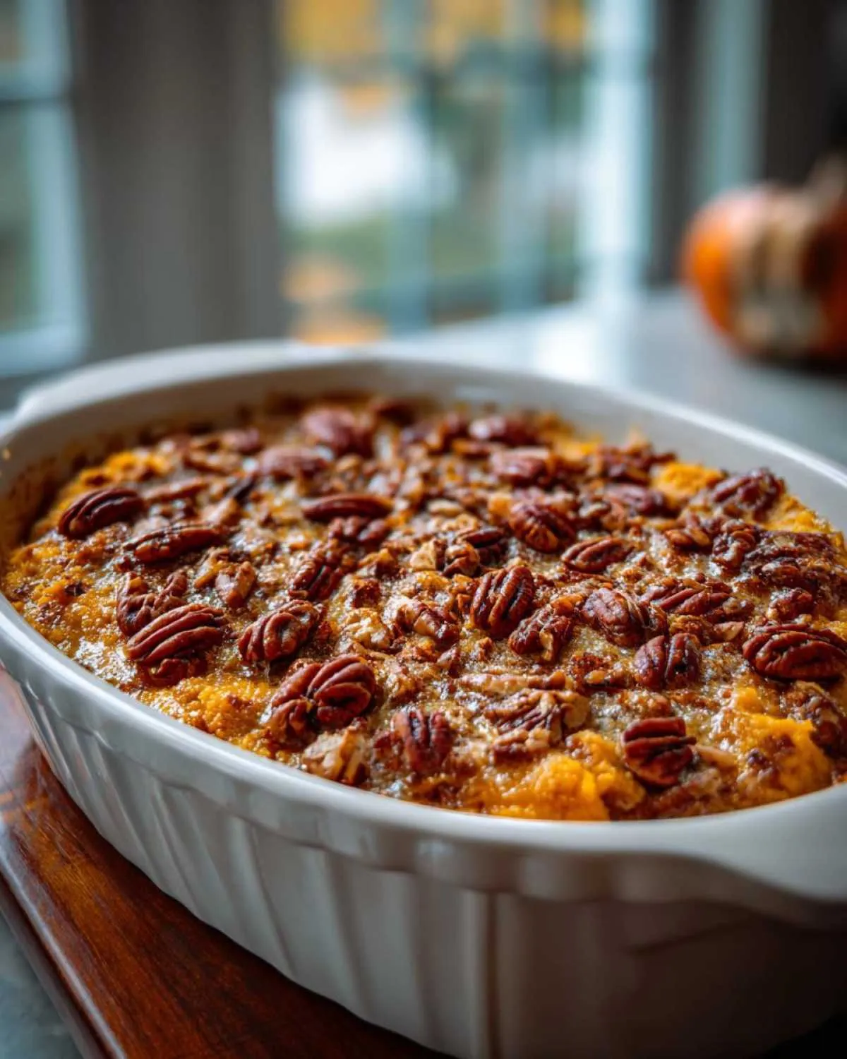 Freshly baked pumpkin cobbler in a white dish, topped with pecans. Ready to serve.