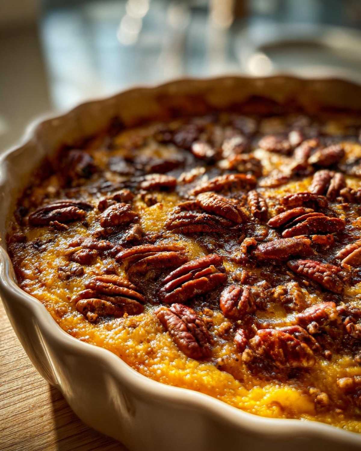 Close-up of a freshly baked pumpkin cobbler in a white dish, topped with pecans.