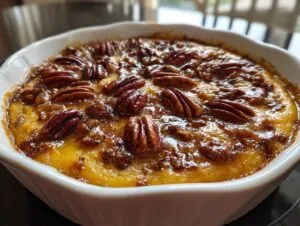 Close-up of a freshly baked pumpkin cobbler in a white dish, topped with pecans and a glossy glaze.