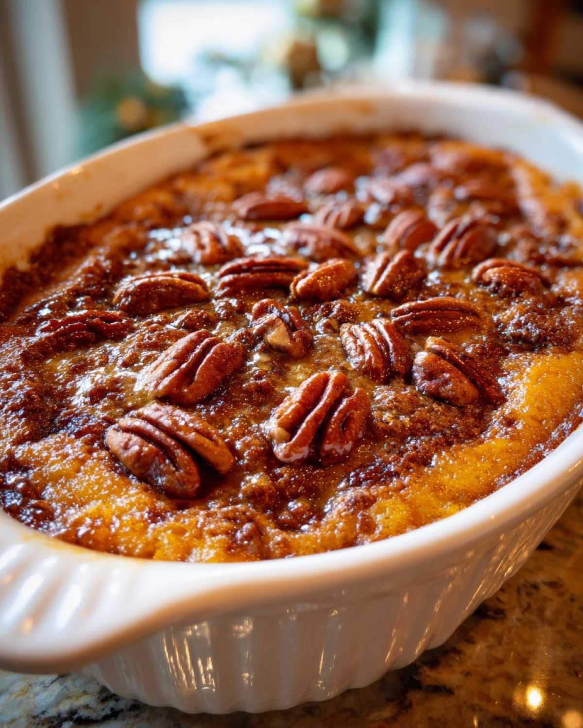 Freshly baked pumpkin cobbler in a white dish, topped with pecans. Ready to serve.