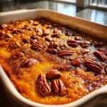 Freshly baked pumpkin cobbler in a white dish, topped with pecans. Ready to eat!
