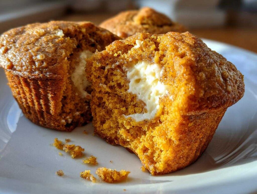 Close-up of a pumpkin cream cheese muffin, split open to reveal a creamy center.