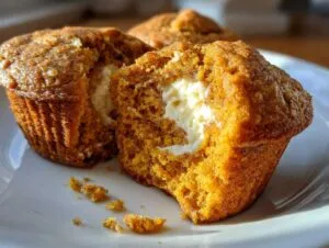 Close-up of a pumpkin cream cheese muffin, split open to reveal a creamy center.