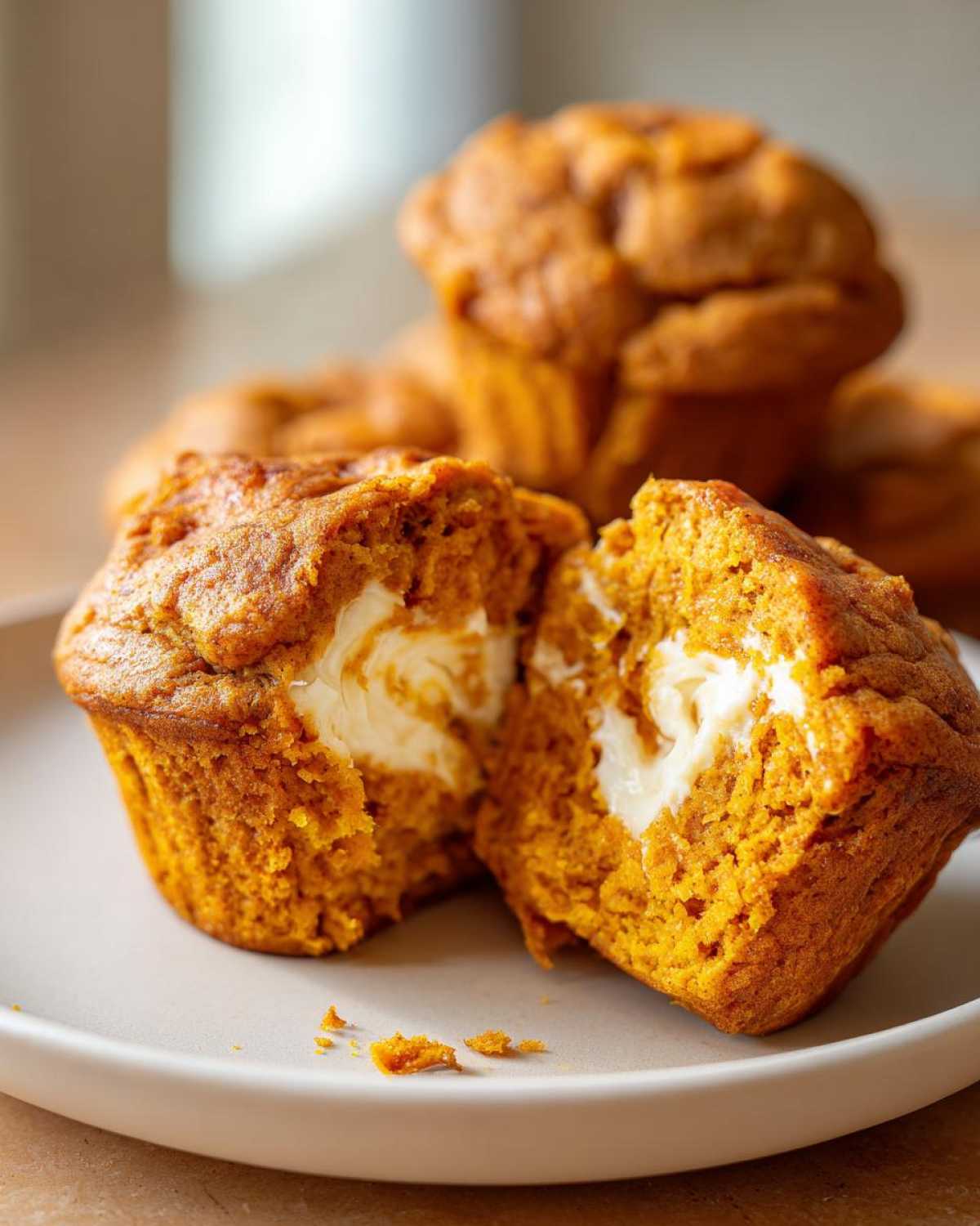 A pumpkin cream cheese muffin cut in half, revealing a creamy filling. More muffins are stacked in the background.