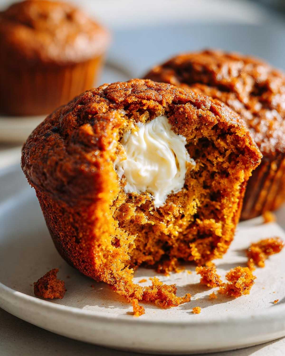 Close-up of a pumpkin cream cheese muffin, split open to show the creamy filling.