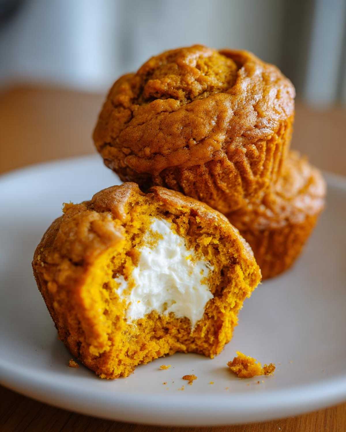 Stack of pumpkin cream cheese muffins, one with a bite showing the cream cheese filling.