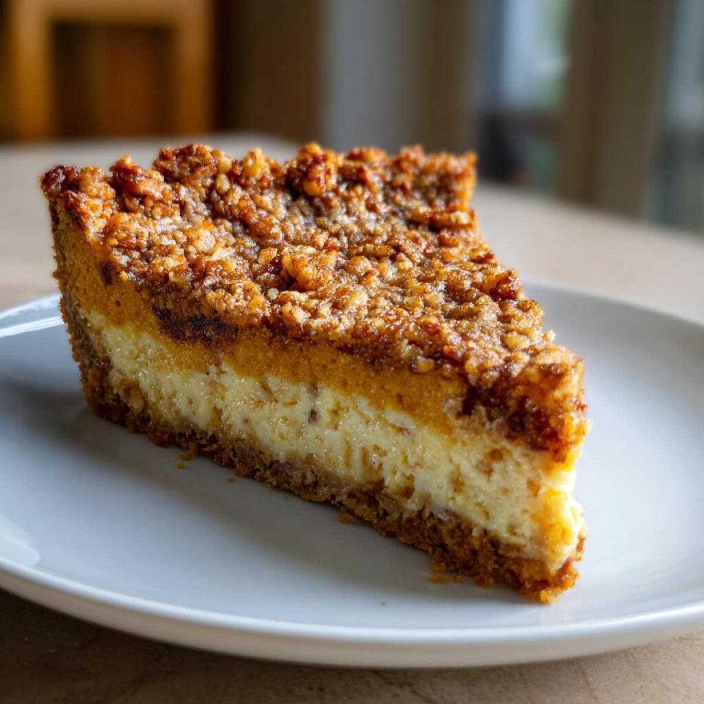 A slice of pumpkin crunch cake on a white plate, showcasing the layers of filling and crunchy topping.