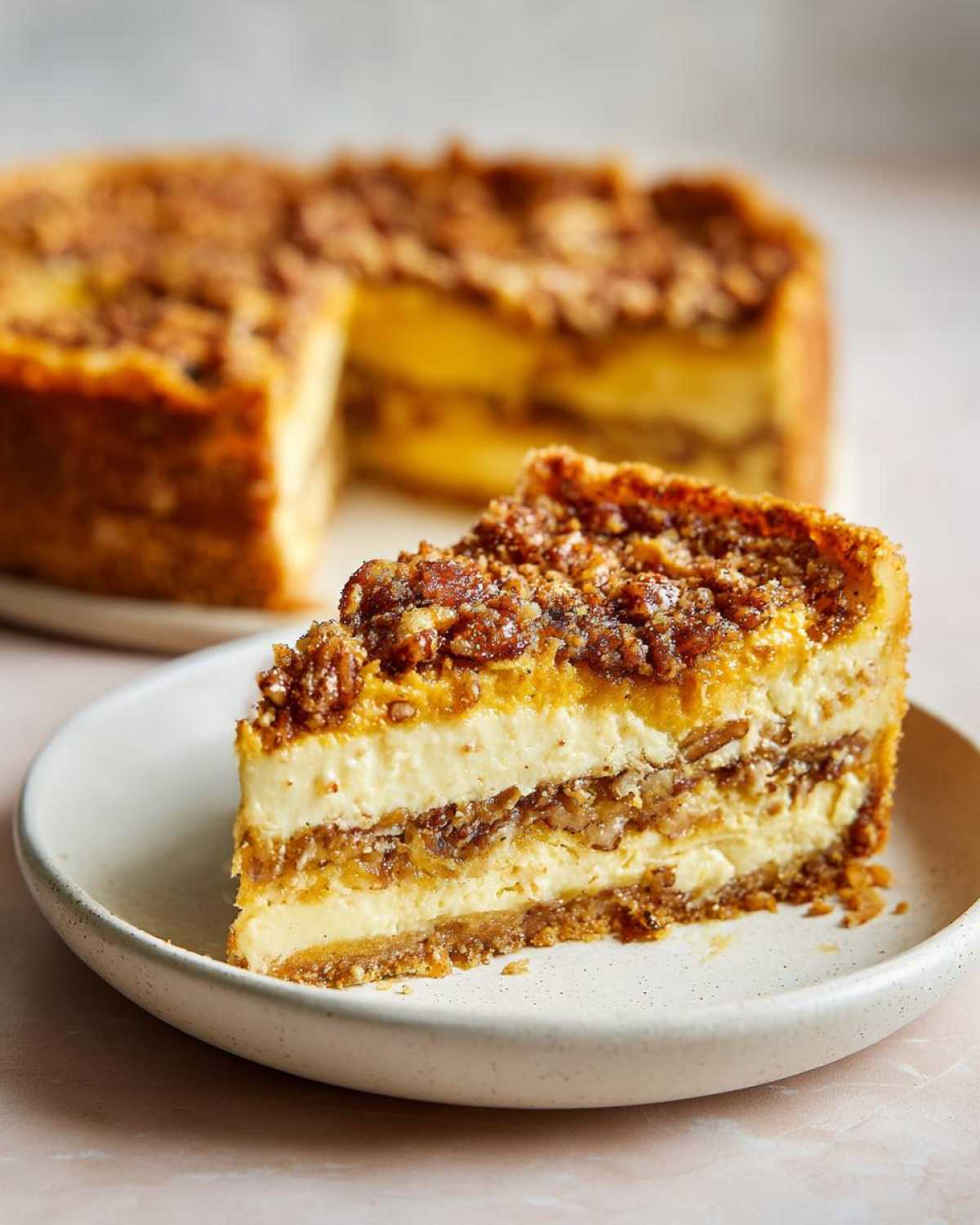 A slice of pumpkin crunch cake on a plate, showing layers of pumpkin filling and a crunchy topping.