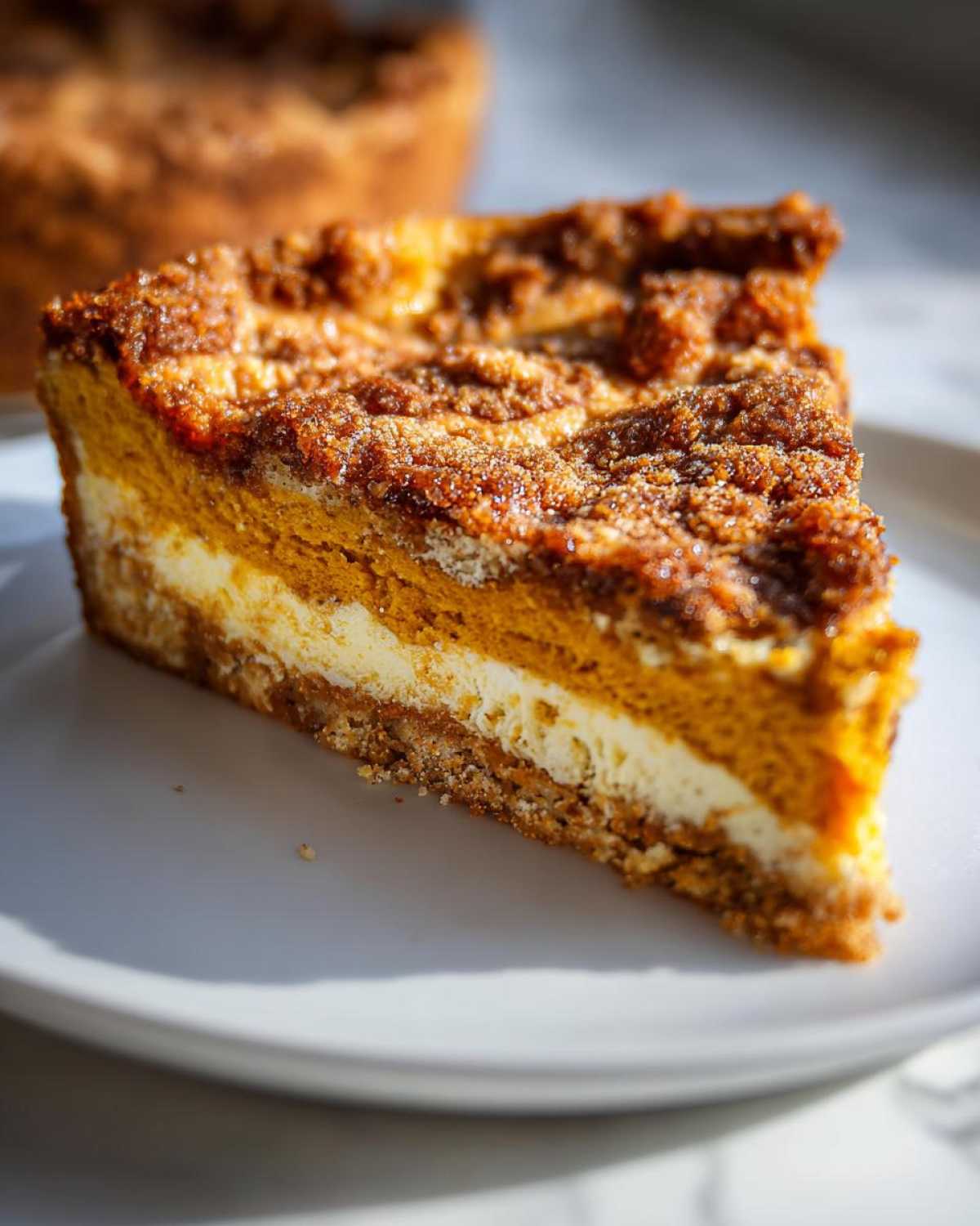 A delicious slice of pumpkin crunch cake with layers of pumpkin, cream cheese, and a crunchy topping.