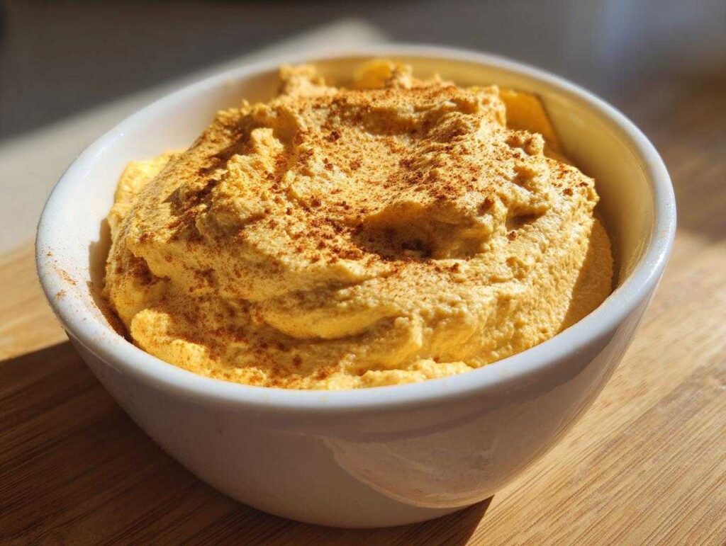 A bowl of pumpkin fluff topped with spice, sitting on a wooden surface.