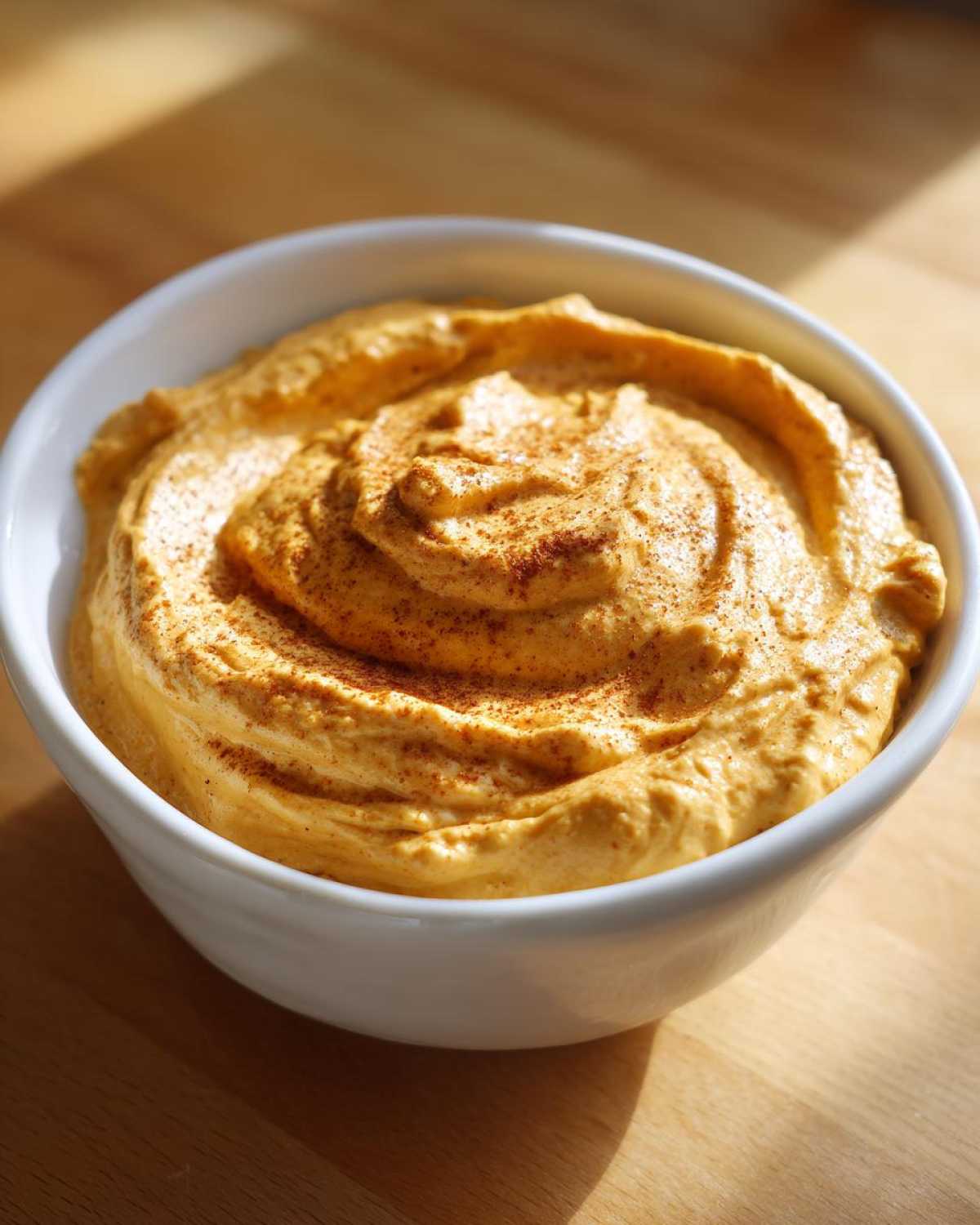 A bowl of creamy pumpkin fluff dessert, swirled and sprinkled with spice.
