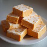 A stack of homemade pumpkin fudge squares with a white glaze on a white plate.