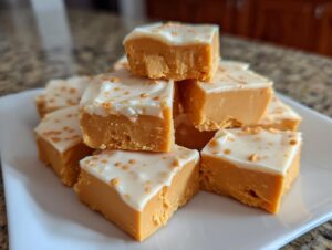 A stack of creamy pumpkin fudge squares with white frosting and sprinkles on a white plate.