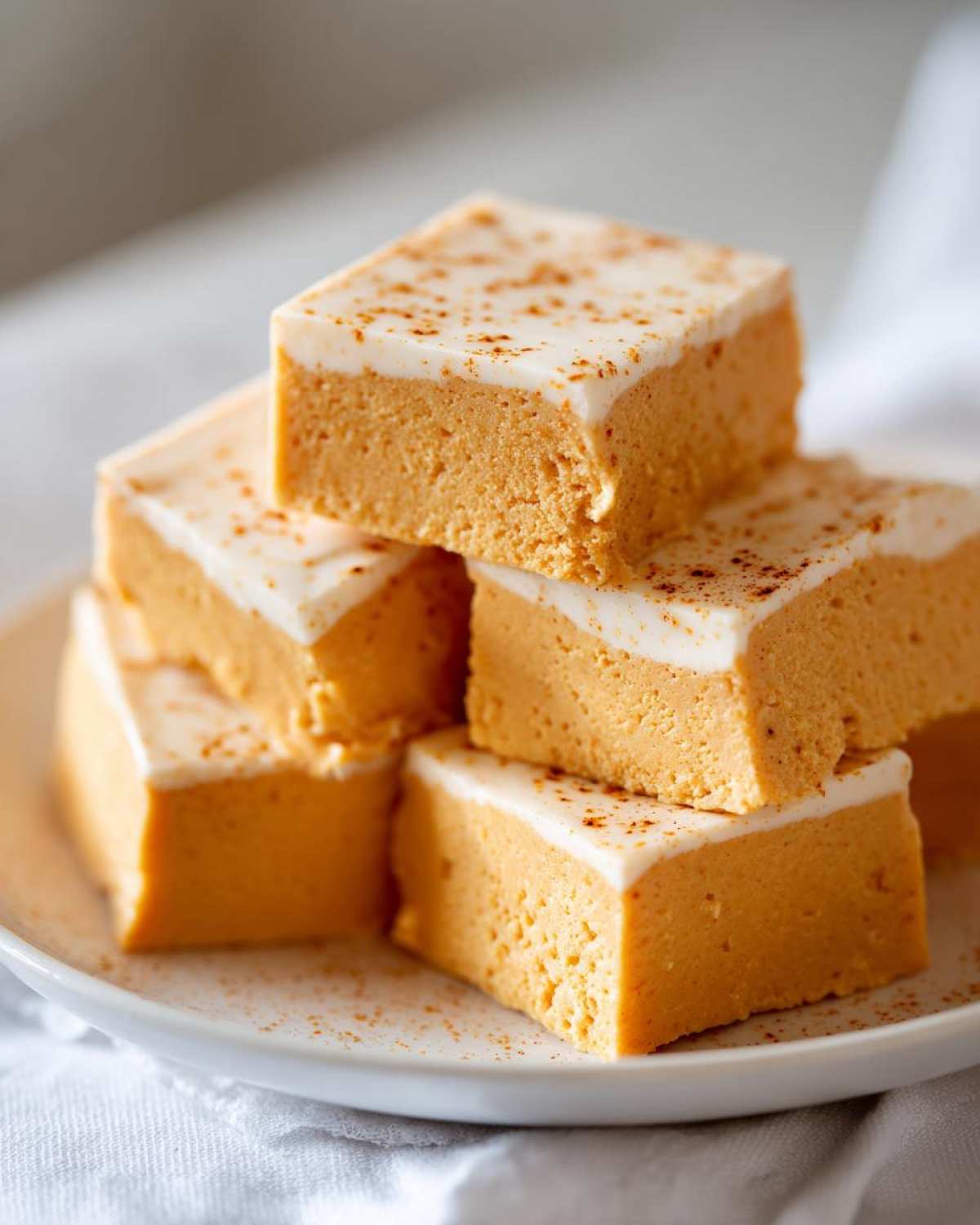 A stack of delicious pumpkin fudge squares with a white topping and a sprinkle of spice.