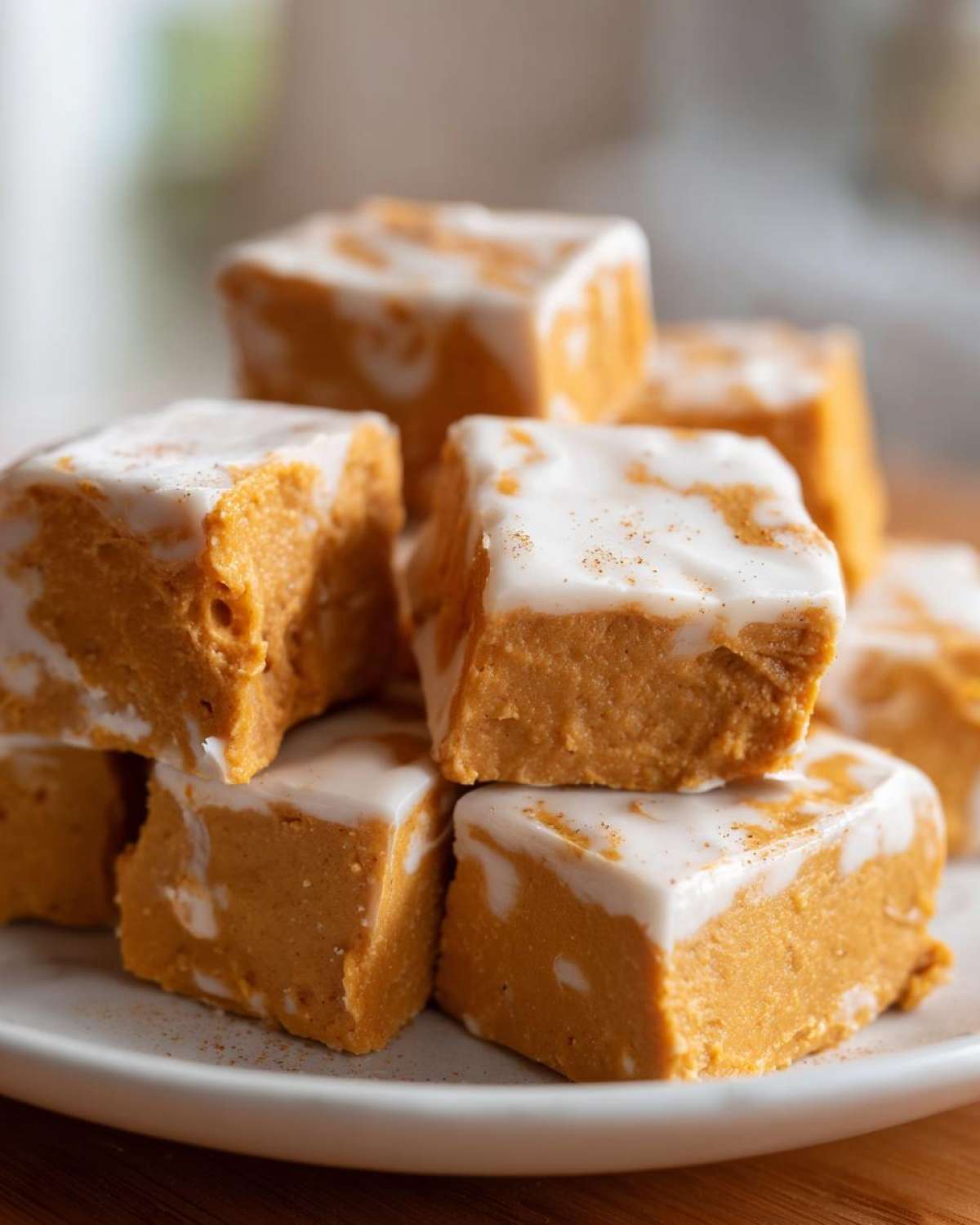 A stack of homemade pumpkin fudge squares with a white glaze on a white plate.