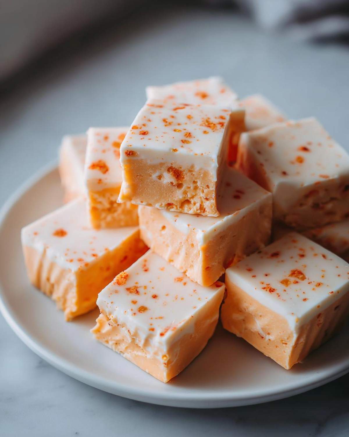 A stack of creamy two-layer pumpkin fudge squares on a white plate, perfect for fall baking.