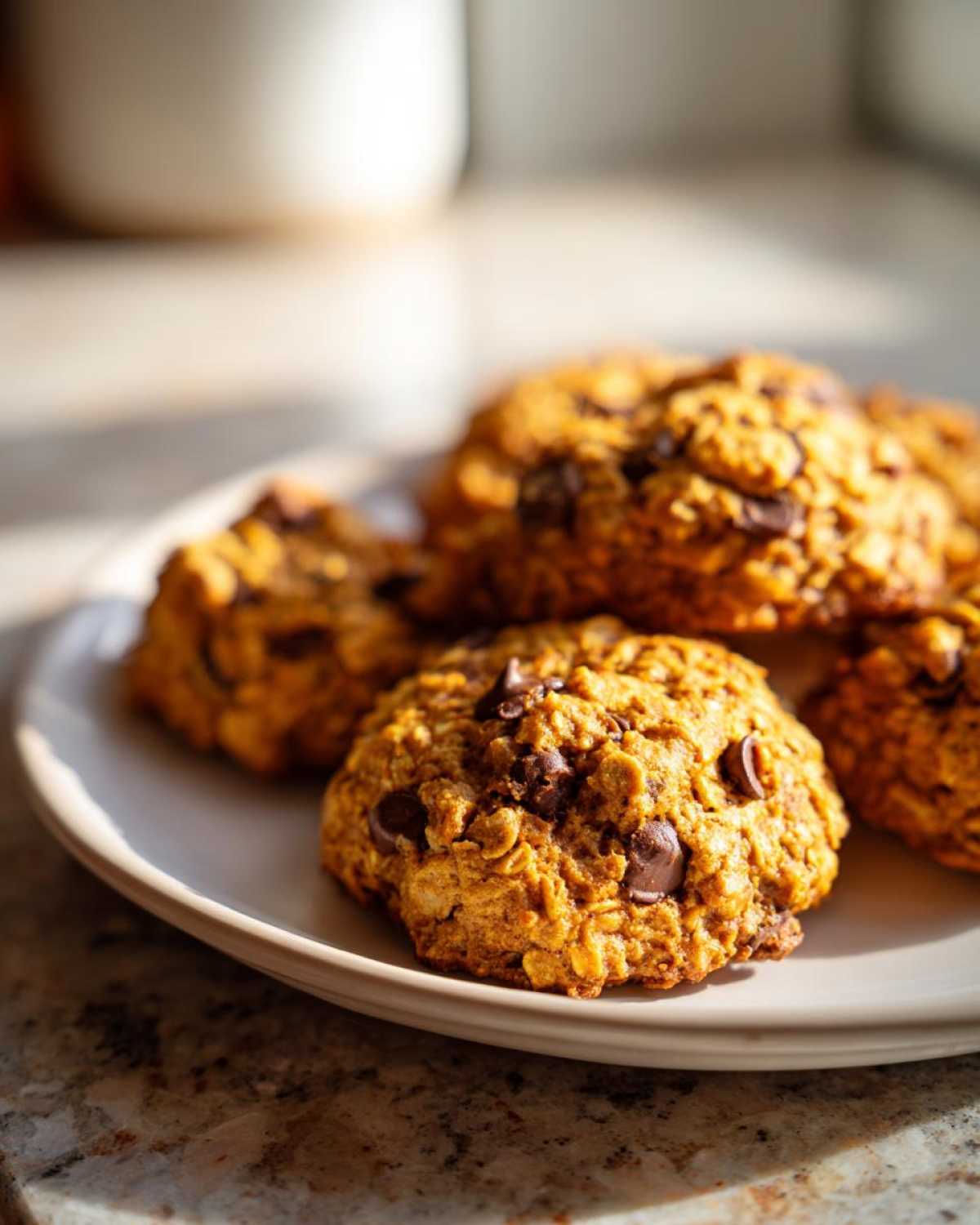 A plate of freshly baked pumpkin oatmeal cookies with chocolate chips, ready to be enjoyed.