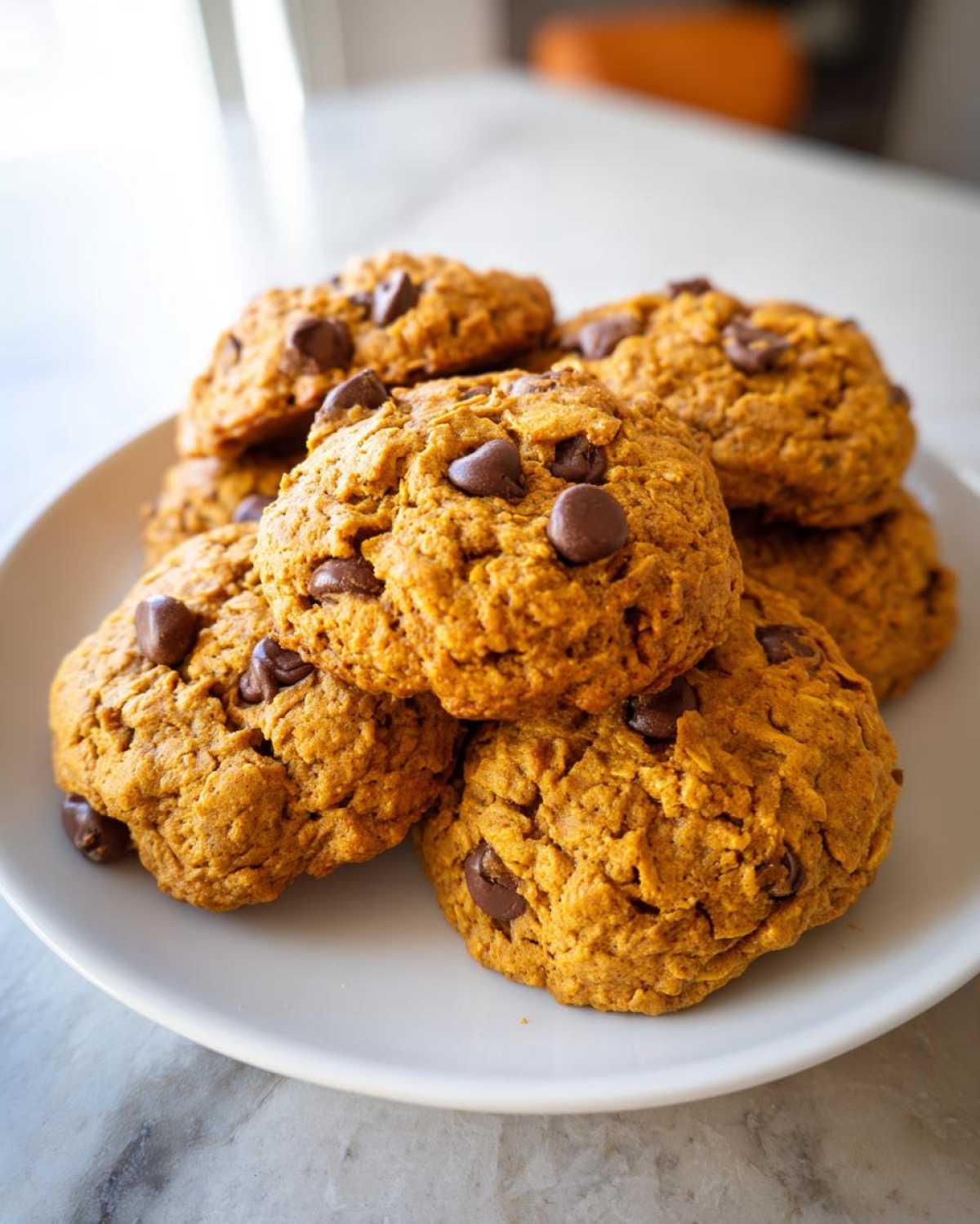 A stack of freshly baked pumpkin oatmeal cookies topped with chocolate chips on a white plate.