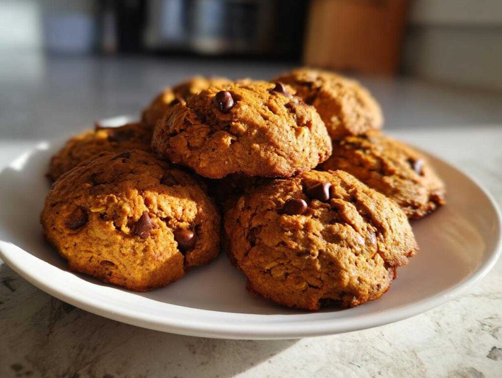 A stack of freshly baked pumpkin oatmeal cookies with chocolate chips on a white plate.