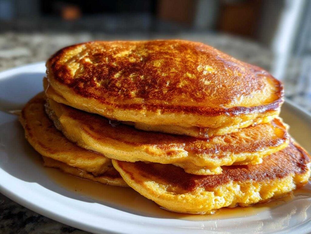 A stack of golden-brown pumpkin pancakes drizzled with syrup on a white plate.