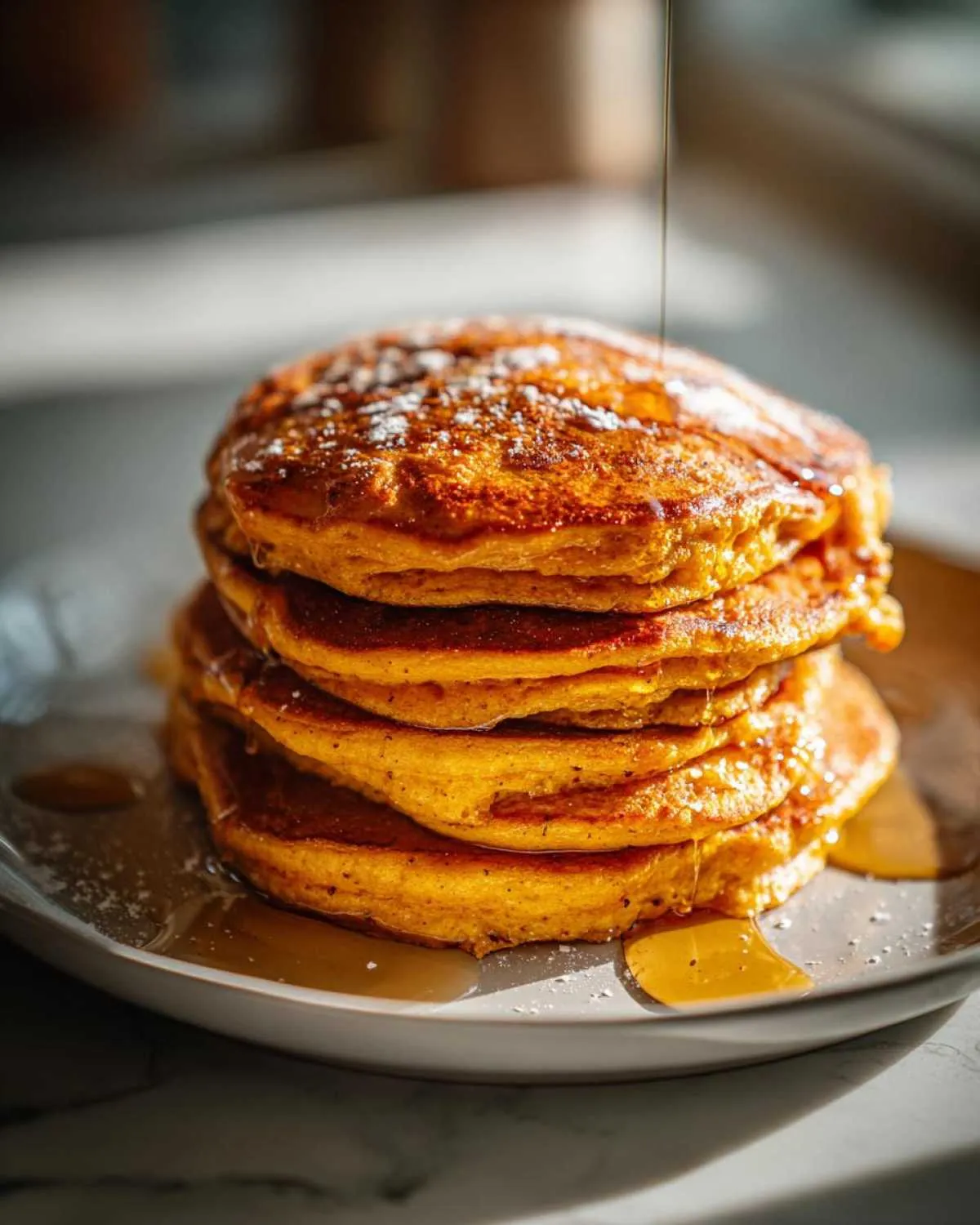 A stack of fluffy pumpkin pancakes drizzled with syrup and dusted with powdered sugar.