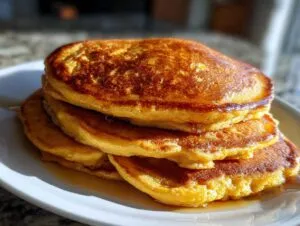A stack of golden-brown pumpkin pancakes drizzled with syrup on a white plate.
