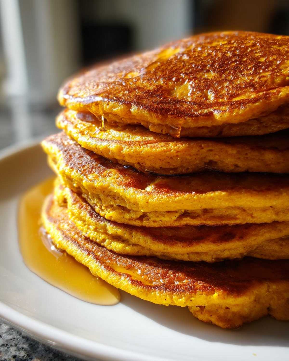 A stack of pumpkin pancakes with syrup dripping down the side, ready to eat.