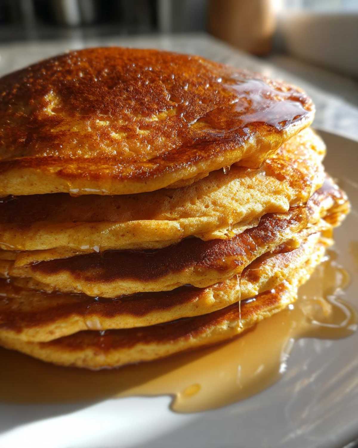 A stack of fluffy pumpkin pancakes drizzled with syrup on a white plate, ready to eat.