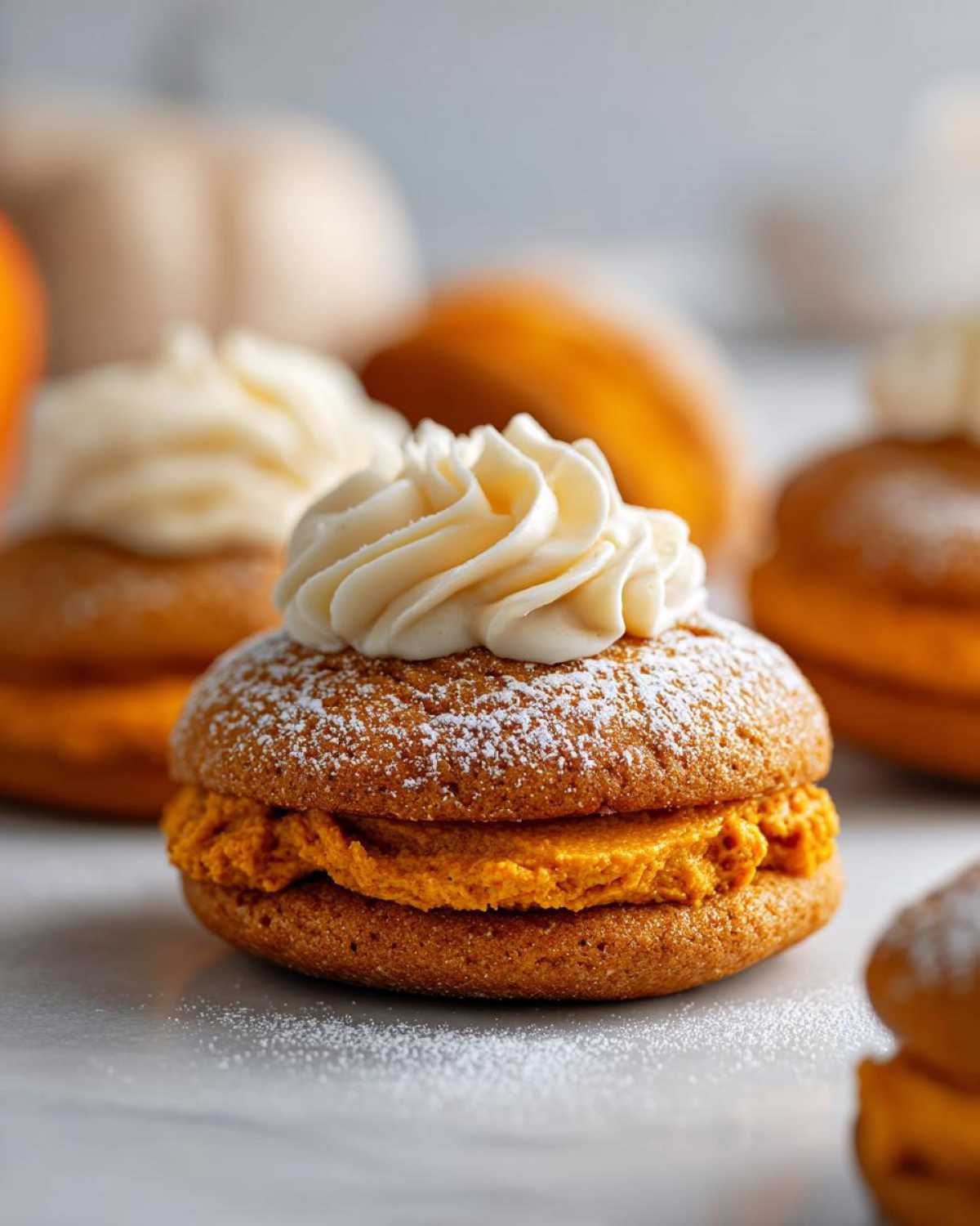 Close-up of a pumpkin pie cookie sandwich with pumpkin filling, powdered sugar, and cream topping.