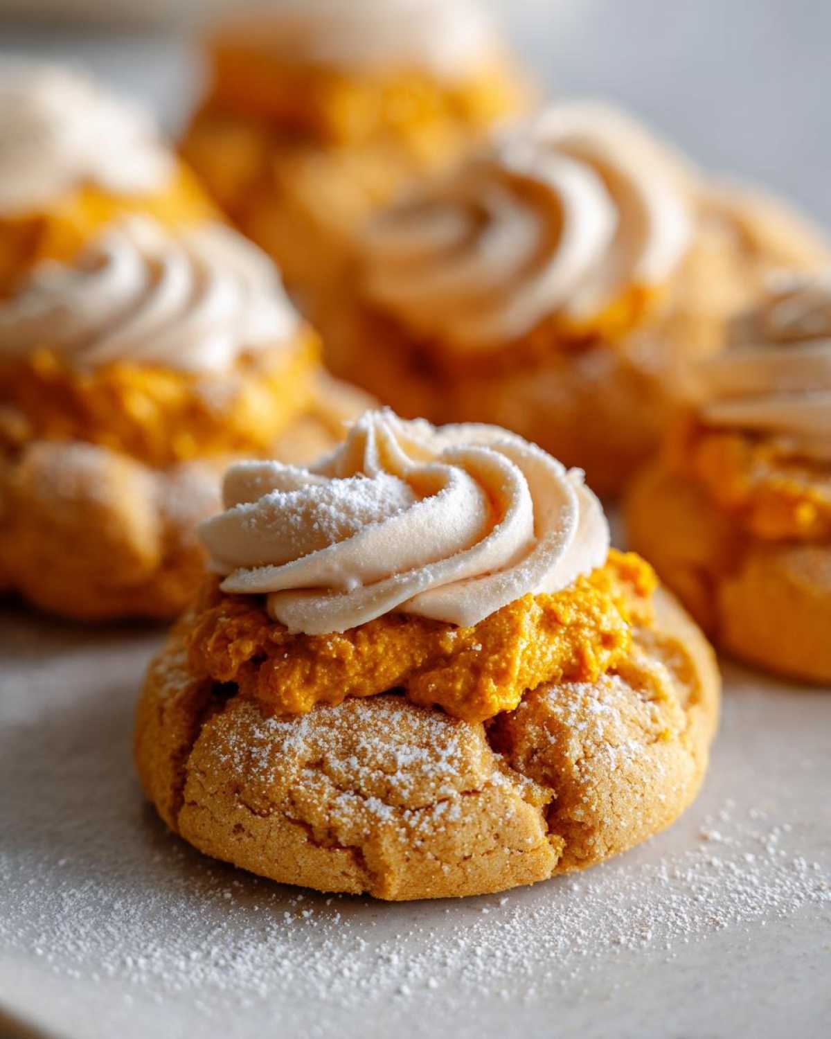 Close-up of pumpkin pie cookies topped with pumpkin filling and a swirl of frosting, dusted with powdered sugar.