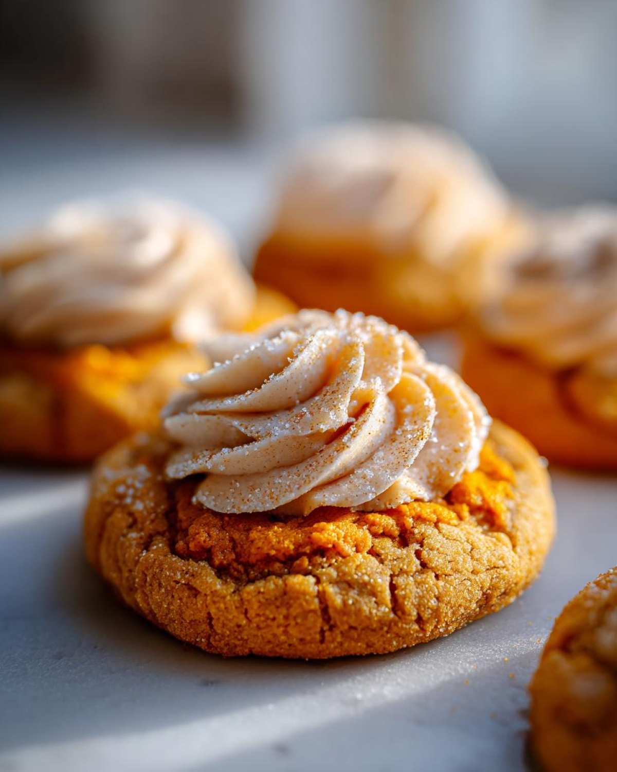 Close-up of pumpkin pie cookies topped with spiced frosting and a sprinkle of sugar.