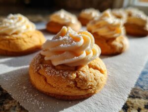 Close-up of pumpkin pie cookies topped with frosting and powdered sugar. Perfect fall treat!